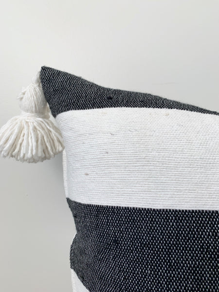 Black & White Thick Stripe Pom Pom Pillow Cover