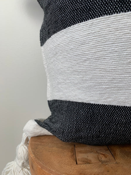 Black & White Thick Stripe Pom Pom Pillow Cover