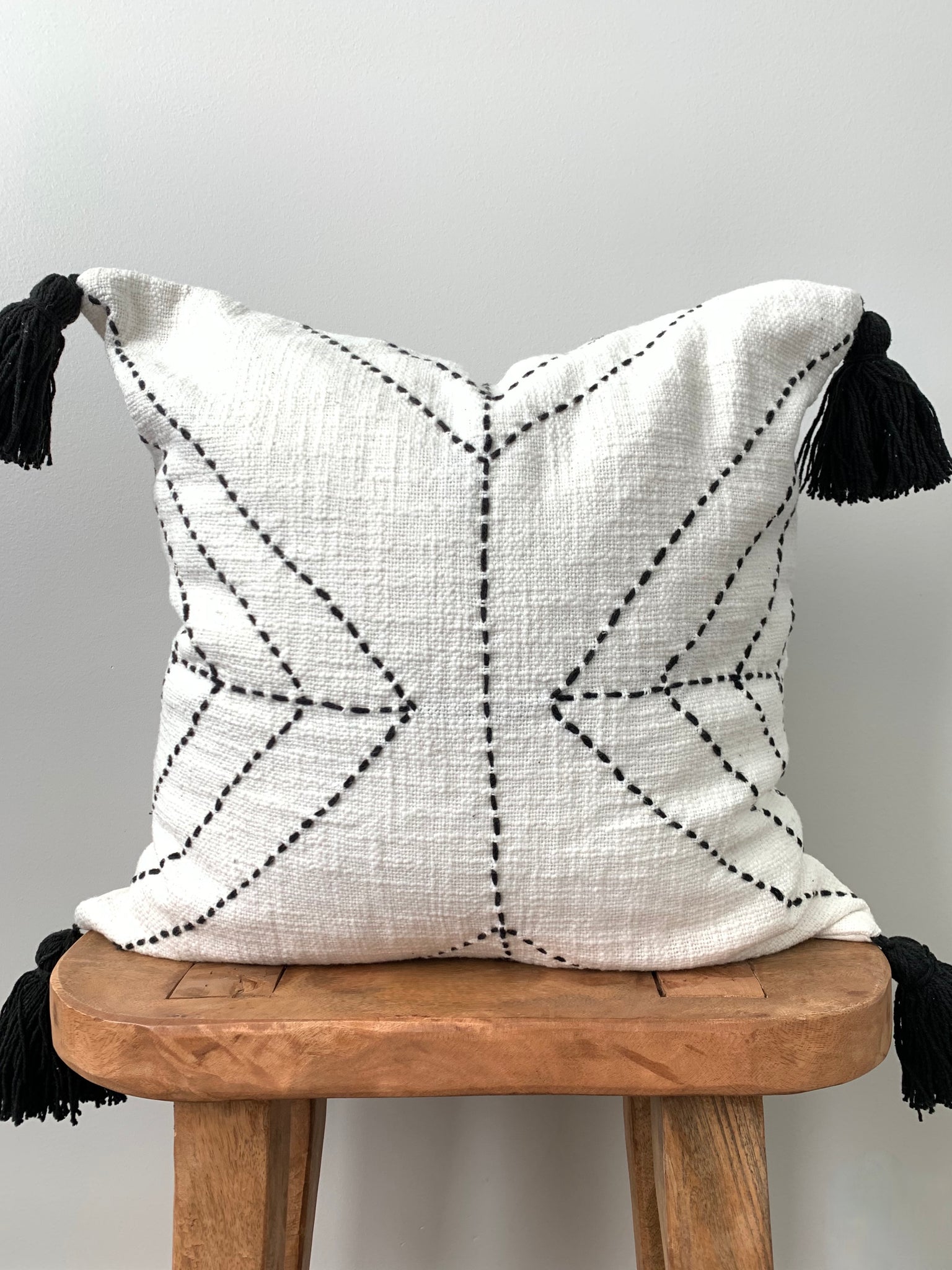 White Stitch Pom Pom Pillow Cover